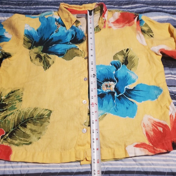 Chico's Size 1 (M) 100% Linen Shirt Yellow Floral Button Up FLAW - Picture 8 of 12